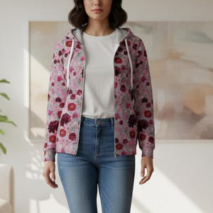 Feminine Floral Hoodie Womens Zip Sweatshirt Botanical Pattern Jacket Stylish Outerwear Casual Layer Blooming Design Fashion Statement Comfortable Daily Wear Versatile Wardrobe Addition Pretty Clothing Option Perfect Gift Idea Special