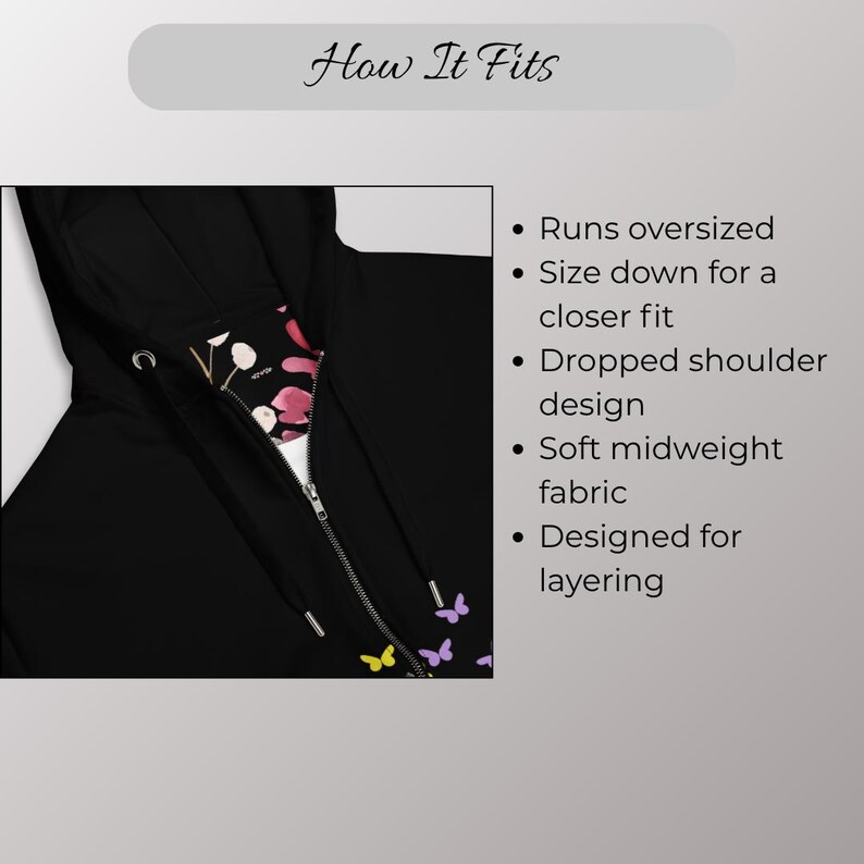 May include: Black zip-up hoodie with a floral and butterfly pattern on the inside lining. The hoodie has a drawstring hood and a silver zipper. The text "How It Fits" is at the top of the image.