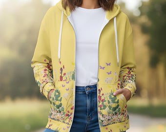 Floral Fleece Zip Front Butterfly Hoodie with Sleeve Detail Botanical Sweatshirt Women Feminine Casual Jacket Unique Design Cozy Layer