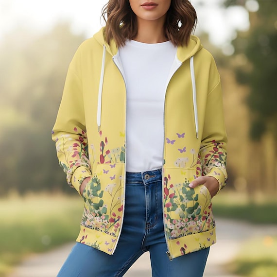 Floral Fleece Zip Front Butterfly Hoodie with Sleeve Detail Botanical Sweatshirt Women Feminine Casual Jacket Unique Design Cozy Layer
