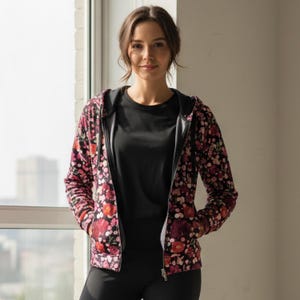 Botanical Print Hoodie Womens Floral Sweatshirt Zipper Jacket Casual Outerwear Stylish Layer Perfect Gift Idea Feminine Design Pattern Everyday Fashion Statement Comfortable Wear Blooming Flower Motif Pretty Clothing Option Versatile