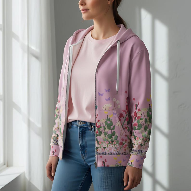 Floral Fleece Hoodie Zip Front Sweatshirt Women Botanical Jacket Full Zipper Design Flower Sleeve Pattern Soft Cozy Material Warm Layer Casual Outerwear Daily Wear Comfortable Fashion Statement Feminine Style Perfect Gift Idea Mom Sister