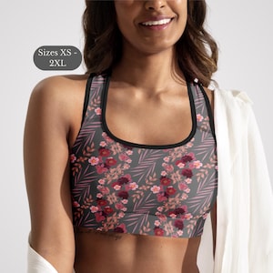 Soutien-gorge de sport floral Haut d'entraînement à motif botanique Bordeaux Compression Vêtements de sport à fort impact Entraînement de gymnastique Vêtements de fitness Vêtements d'exercice
