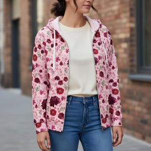 Flower Pattern Sweatshirt Womens Zip Hoodie Botanical Design Stylish Outerwear Casual Layering Piece Feminine Fashion Statement Blooming Floral Motif Comfortable Daily Wear Versatile Wardrobe Essential Pretty Jacket Style Cozy Winter Layer