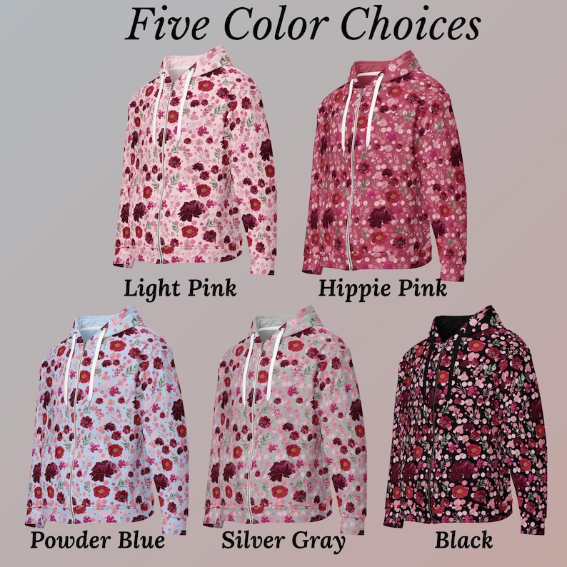 Womens Floral Zip Hoodie Sweatshirt Flower Pattern Botanical Print Casual Layer Stylish Outerwear Colorful Design Feminine Zipper Jacket image 5