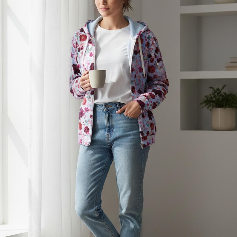 Stylish Womens Hoodie Floral Pattern Sweatshirt Zip Front Design Botanical Print Jacket Casual Layer Everyday Outerwear Feminine Style Comfortable Fashion Blooming Flower Motif Versatile Wardrobe Essential Pretty Clothing Option Perfect