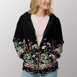 Women Botanical Jacket Floral Design Hoodie Zip Front Sweatshirt Flower Sleeve Detail Soft Fleece Material Cozy Warm Layer Perfect Gift Idea Mom Sister Birthday Present Comfortable Daily Wear Stylish Casual Outerwear Beautiful Pattern Full