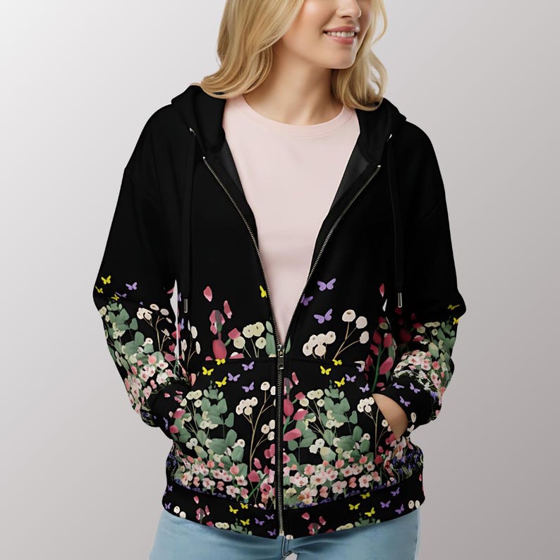 Women Botanical Jacket Floral Design Hoodie Zip Front Sweatshirt Flower Sleeve Detail Soft Fleece Material Cozy Warm Layer Perfect Gift Idea Mom Sister Birthday Present Comfortable Daily Wear Stylish Casual Outerwear Beautiful Pattern Full