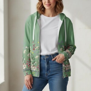 Floral Pattern Sweatshirt Womens Zip Hoodie Stylish Botanical Jacket Casual Outerwear Everyday Fashion Essential Recycled Polyester Material Sustainable Clothing Choice Comfortable Soft Fabric Cozy Winter Layer Spring Autumn Transition