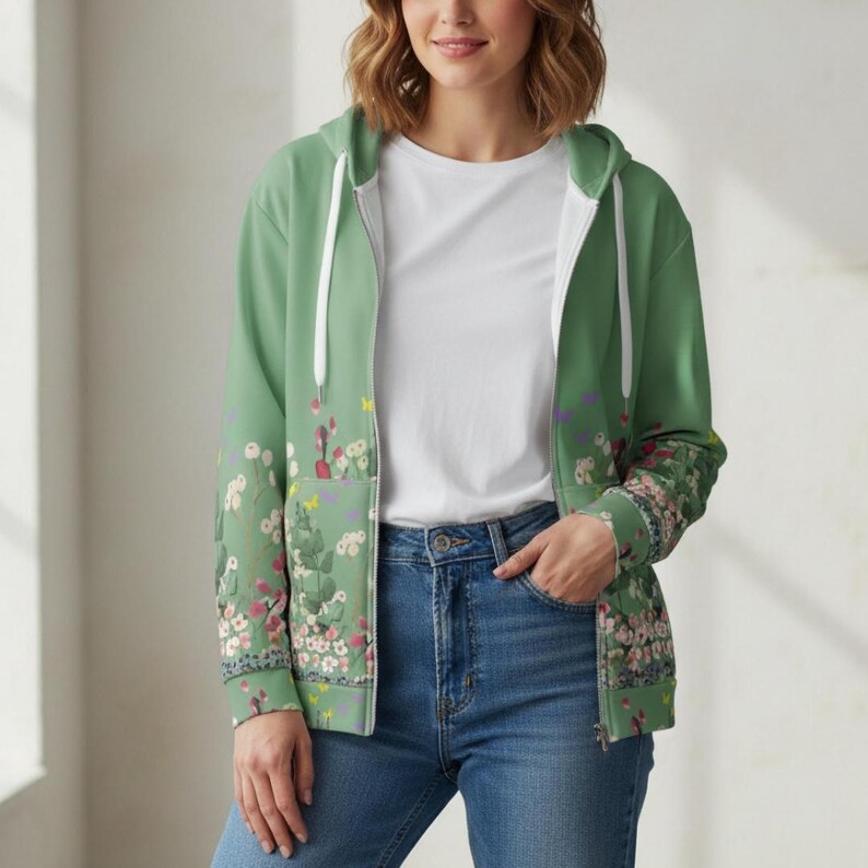 Floral Pattern Sweatshirt Womens Zip Hoodie Stylish Botanical Jacket Casual Outerwear Everyday Fashion Essential Recycled Polyester Material Sustainable Clothing Choice Comfortable Soft Fabric Cozy Winter Layer Spring Autumn Transition