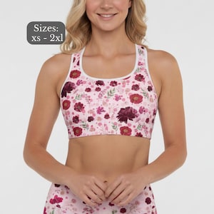 Burgundy Floral Sports Bra Padded Racerback Design Botanical Pattern Workout Top Compression Exercise Training Bra High Impact Support