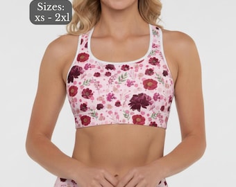 Burgundy Floral Sports Bra Padded Racerback Design Botanical Pattern Workout Top Compression Exercise Training Bra High Impact Support