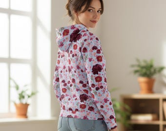 Sudadera con capucha y cremallera floral para mujer, estampado floral, estampado botánico, informal, elegante, diseño colorido, chaqueta con cremallera femenina