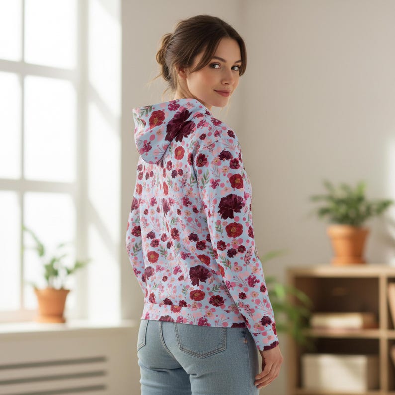 Womens Floral Zip Hoodie Sweatshirt Flower Pattern Botanical Print Casual Layer Stylish Outerwear Blooming Design Feminine Jacket Zipper Front Cozy Clothing Gift Idea Pretty Fashion Statement Everyday Wear Comfortable Fabric Versatile