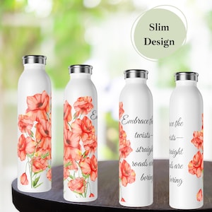 Botella de agua delgada Botella de agua personalizada con diseño floral de amapola para entrenamiento en el gimnasio con frase inspiradora Botella de agua portátil irrompible para mujeres