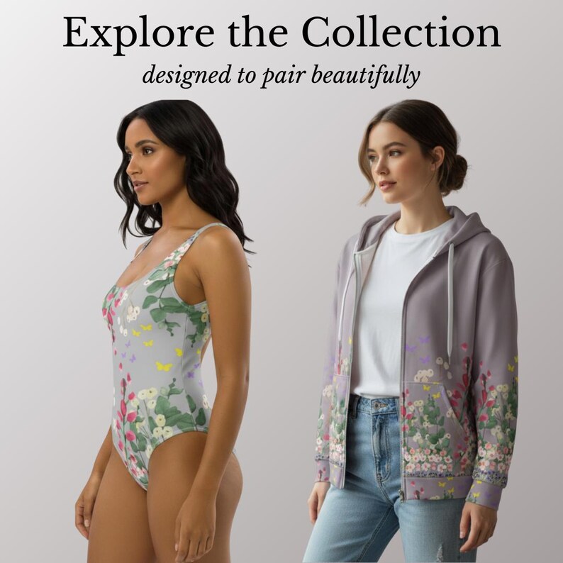 May include: A light gray swimsuit with a floral and butterfly pattern, and a light purple zip-up hoodie with a matching floral design. The text "Explore the Collection" and "designed to pair beautifully" is at the top.