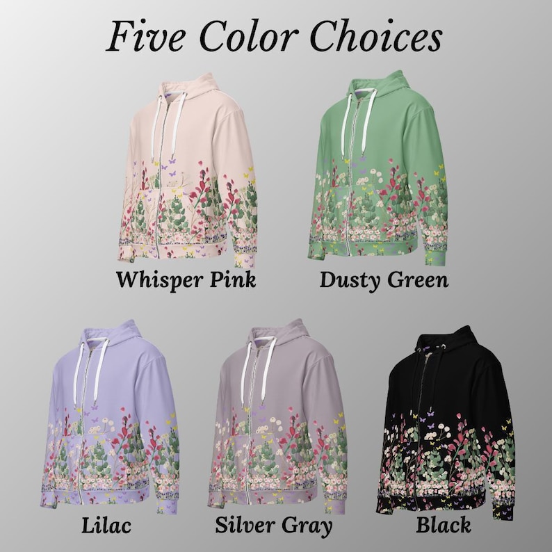Womens Floral Zip Hoodie Unisex Sweatshirt Flower Pattern Jacket Botanical Design Casual Wear Stylish Outerwear Recycled Polyester Cozy image 5