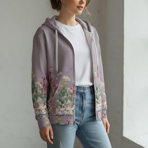 Soft Fleece Hoodie Floral Design Sweatshirt Zip Front Jacket Flower Sleeve Detail Women Botanical Pattern Cozy Warm Layer Comfortable Daily Wear Casual Outerwear Full Zipper Closure Fashion Forward Style Versatile Wardrobe Essential Perfect