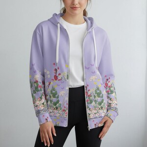 Stylish Botanical Hoodie Floral Pattern Jacket Womens Zip Sweatshirt Unisex Design Casual Fashion Statement Recycled Polyester Material Eco Friendly Outerwear Comfortable Daily Wear Perfect Gift Idea Special Present Thoughtful Choice