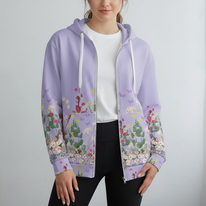 Stylish Botanical Hoodie Floral Pattern Jacket Womens Zip Sweatshirt Unisex Design Casual Fashion Statement Recycled Polyester Material Eco Friendly Outerwear Comfortable Daily Wear Perfect Gift Idea Special Present Thoughtful Choice