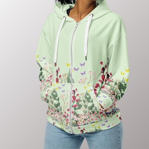 Floral Fleece Hoodie Zip Front Sweatshirt Women Botanical Jacket Full Zipper Design Flower Sleeve Pattern Soft Cozy Material Warm Layer Casual Outerwear Daily Wear Comfortable Fashion Statement Feminine Style Perfect Gift Idea Mom Sister