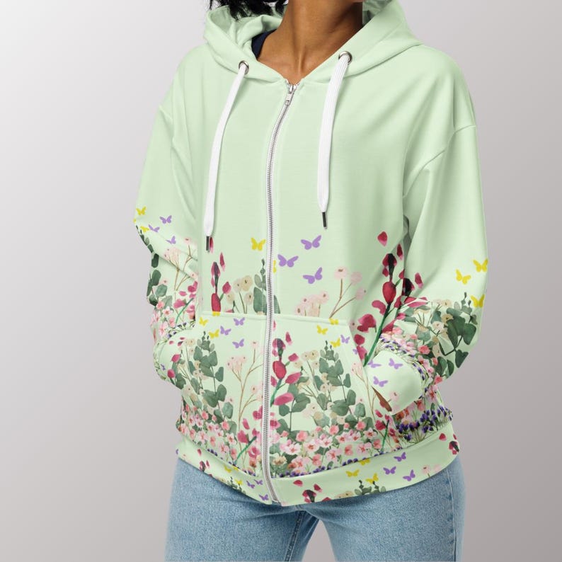 Floral Fleece Hoodie Zip Front Sweatshirt Women Botanical Jacket Full Zipper Design Flower Sleeve Pattern Soft Cozy Material Warm Layer Casual Outerwear Daily Wear Comfortable Fashion Statement Feminine Style Perfect Gift Idea Mom Sister