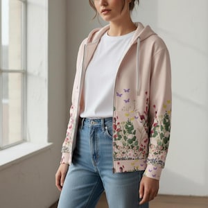 Womens Floral Zip Hoodie Unisex Sweatshirt Flower Pattern Jacket Botanical Design Casual Wear Stylish Outerwear Recycled Polyester Cozy Clothing Soft Cotton Feel Comfortable Daily Fashion Modern Aesthetic Versatile Wardrobe Essential