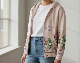 Womens Floral Zip Hoodie Unisex Sweatshirt Flower Pattern Jacket Botanical Design Casual Wear Stylish Outerwear Recycled Polyester Cozy