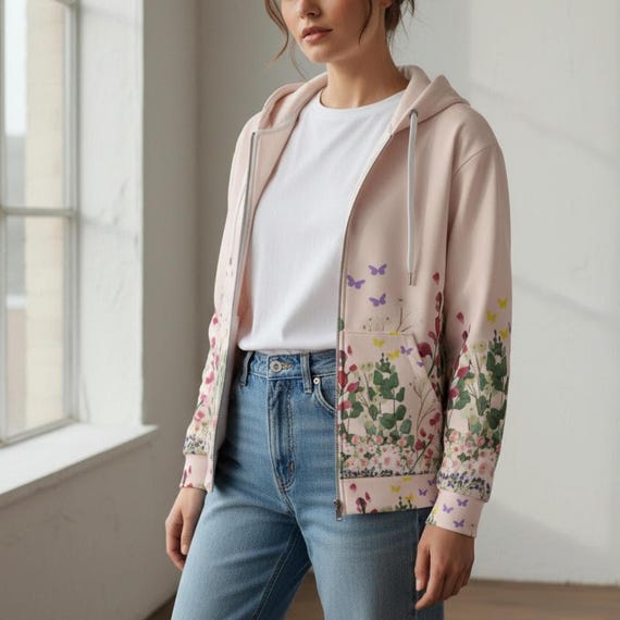Womens Floral Zip Hoodie Unisex Sweatshirt Flower Pattern Jacket Botanical Design Casual Wear Stylish Outerwear Recycled Polyester Cozy