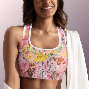 Wildflower Floral Sports Bra Women Padded Racerback Botanical Workout Top Compression Athletic Wear High Impact Polyester Gym Fitness