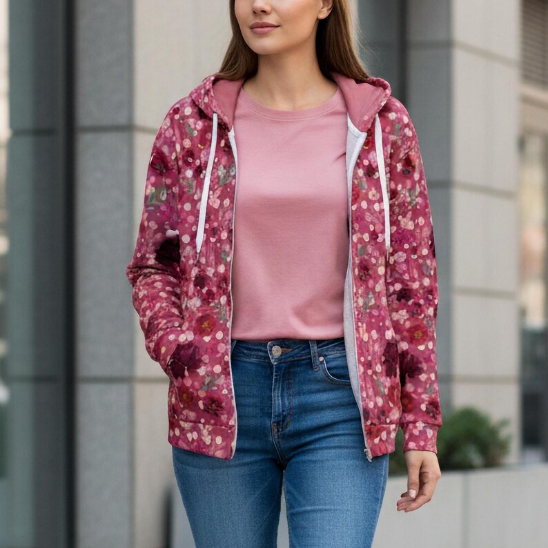 Womens Floral Zip Hoodie Sweatshirt Flower Pattern Botanical Print Casual Layer Stylish Outerwear Blooming Design Feminine Jacket Zipper Front Cozy Clothing Gift Idea Pretty Fashion Statement Everyday Wear Comfortable Fabric Versatile