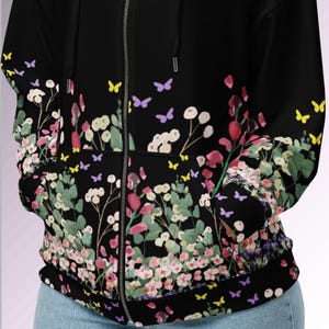 Womens Floral Zip Hoodie Unisex Sweatshirt Flower Pattern Jacket Botanical Design Casual Wear Stylish Outerwear Recycled Polyester Cozy image 9
