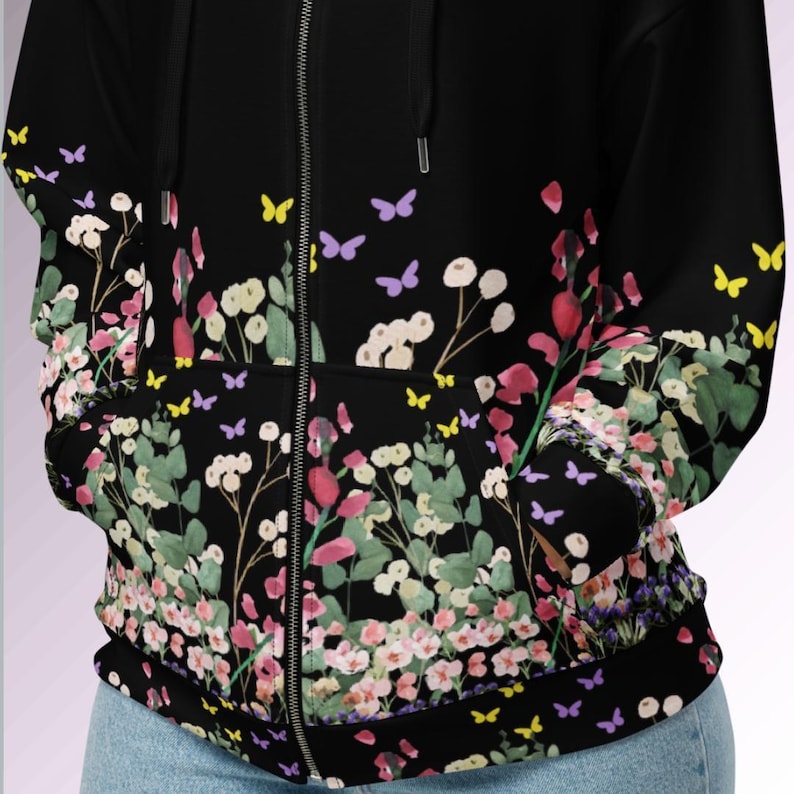 Womens Floral Zip Hoodie Unisex Sweatshirt Flower Pattern Jacket Botanical Design Casual Wear Stylish Outerwear Recycled Polyester Cozy image 9