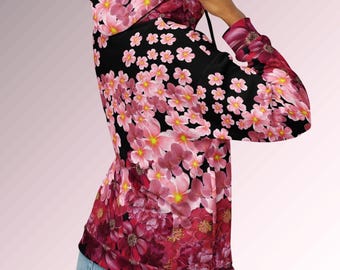 Romantic Gift for Her Floral Zip Hoodie for Women Crimson Bloom Botanical Sweatshirt Cozy Jacket Flower ZipUp Sweater for Daughter