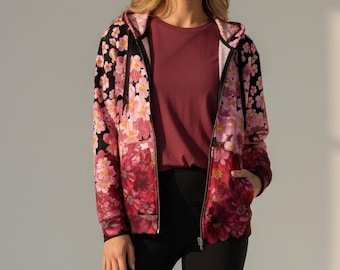 Sudadera con capucha y cremallera floral para mujer, chaqueta con capucha con estampado floral, estampado botánico, cremallera, abrigo de polar acogedor, idea de regalo para hija, ajuste relajado
