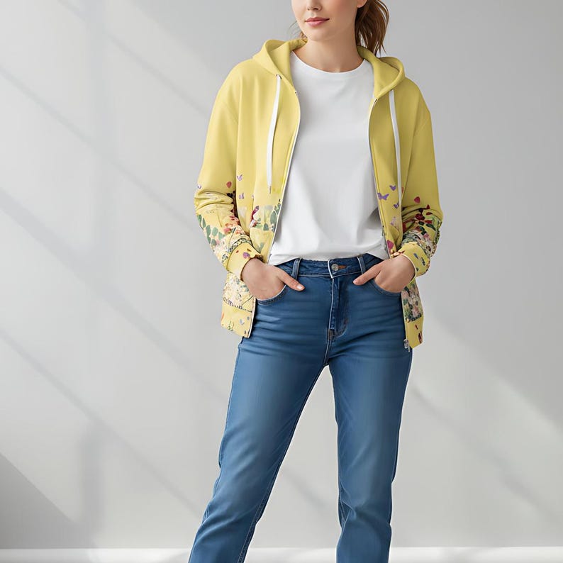 Women Botanical Jacket Floral Design Hoodie Zip Front Sweatshirt Flower Sleeve Detail Soft Fleece Material Cozy Warm Layer Perfect Gift Idea Mom Sister Birthday Present Comfortable Daily Wear Stylish Casual Outerwear Beautiful Pattern Full