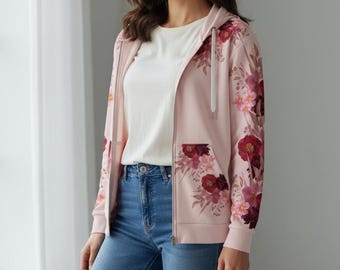 Womens Burgundy Floral Zip Up Hoodie Sweatshirt Flower Pattern Cozy Jacket Zippered Design Botanical Print Fashion Layer Warm Clothing