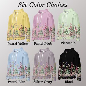 May include: Six zip-up hoodies in various colors: pastel yellow, pastel pink, pistachio, pastel blue, silver gray, and black. Each hoodie features a floral and butterfly design along the bottom. The text "Six Color Choices" is at the top.