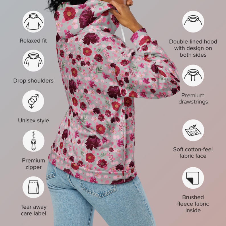 Womens Floral Zip Hoodie Sweatshirt Flower Pattern Botanical Print Casual Layer Stylish Outerwear Colorful Design Feminine Zipper Jacket image 8
