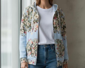 Floral Zip Hoodie Cozy Vibes Rose Jacket Women Vintage Design Colorful Flower Sweatshirt Gift Nature Enthusiast Spring Season Casual Wear