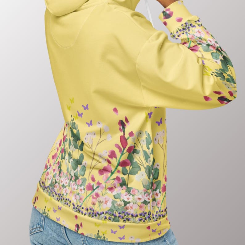 Soft Fleece Hoodie Floral Design Sweatshirt Zip Front Jacket Flower Sleeve Detail Women Botanical Pattern Cozy Warm Layer Comfortable Daily Wear Casual Outerwear Full Zipper Closure Fashion Forward Style Versatile Wardrobe Essential Perfect