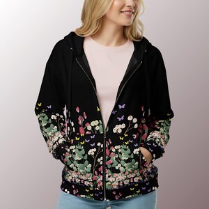 Casual Floral Hoodie Everyday Fashion Essential Womens Zip Sweatshirt Flower Pattern Design Versatile Outerwear Option Recycled Material Construction Sustainable Fashion Choice Comfortable Soft Fabric Cozy Warm Layer Perfect Gift Idea