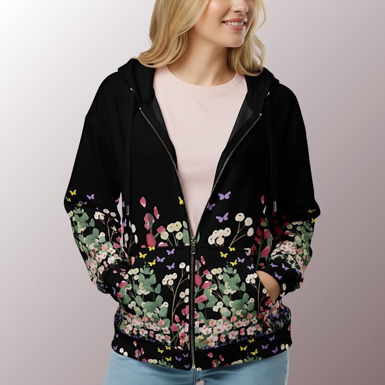 Casual Floral Hoodie Everyday Fashion Essential Womens Zip Sweatshirt Flower Pattern Design Versatile Outerwear Option Recycled Material Construction Sustainable Fashion Choice Comfortable Soft Fabric Cozy Warm Layer Perfect Gift Idea