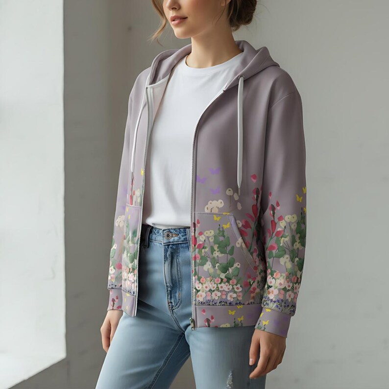 Womens Floral Zip Hoodie Unisex Sweatshirt Flower Pattern Jacket Botanical Design Casual Wear Stylish Outerwear Recycled Polyester Cozy Clothing Soft Cotton Feel Comfortable Daily Fashion Modern Aesthetic Versatile Wardrobe Essential