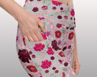 Floral Yoga Legging High Waist Pant Rose Print Tight Stretchy Exercise Clothing Comfortable Training Bottom Pocket Fitness Apparel Stylish