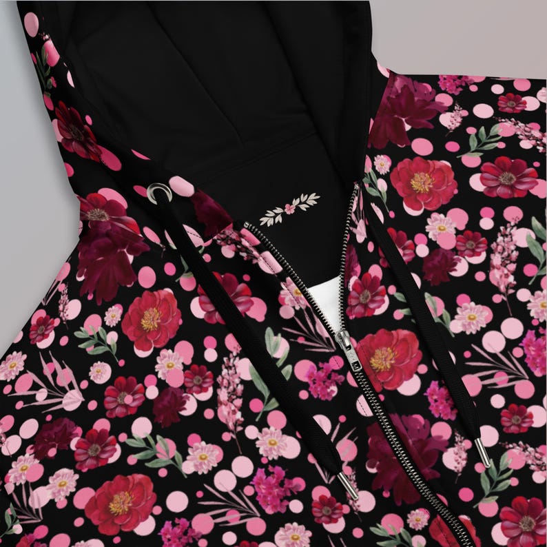Flower Pattern Sweatshirt Womens Zip Hoodie Botanical Design Stylish Outerwear Casual Layering Piece Feminine Fashion Statement Blooming Floral Motif Comfortable Daily Wear Versatile Wardrobe Essential Pretty Jacket Style Cozy Winter Layer