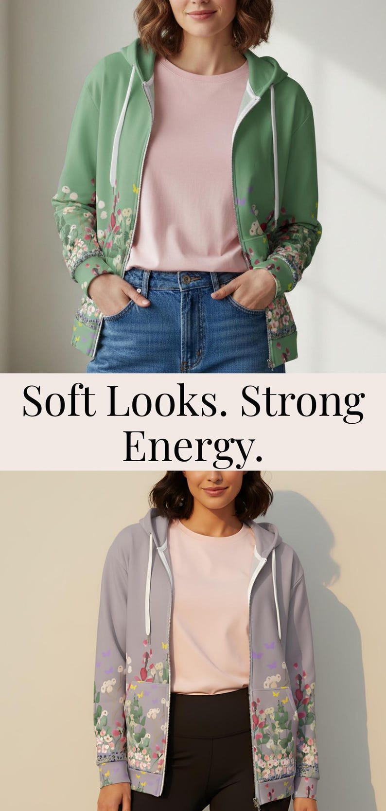 Womens Floral Zip Hoodie Unisex Sweatshirt Flower Pattern Jacket Botanical Design Casual Wear Stylish Outerwear Recycled Polyester Cozy image 19