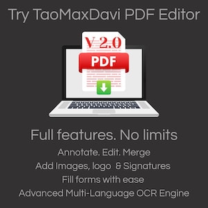 Può includere: Illustrazione digitale di un laptop con un'icona di documento PDF, versione 2.0, e una freccia verde di download. Il testo recita: "Try TaoMaxDavi PDF Editor." Ulteriori testi evidenziano funzionalità come l'annotazione e l'OCR multilingue.