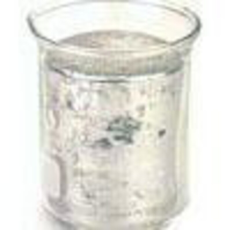 May include: A clear glass beaker filled with a silvery liquid. The beaker has a wide mouth and a cylindrical body. The liquid appears to be mercury, with a reflective surface. The beaker is set against a white background.