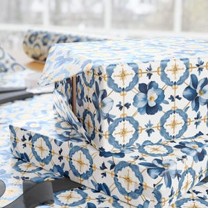 Elegant Blue Floral Tile Wrapping Paper For Wedding Gift, Mediterranean Gift Wrap For Her, Birthday Or Housewarming Present